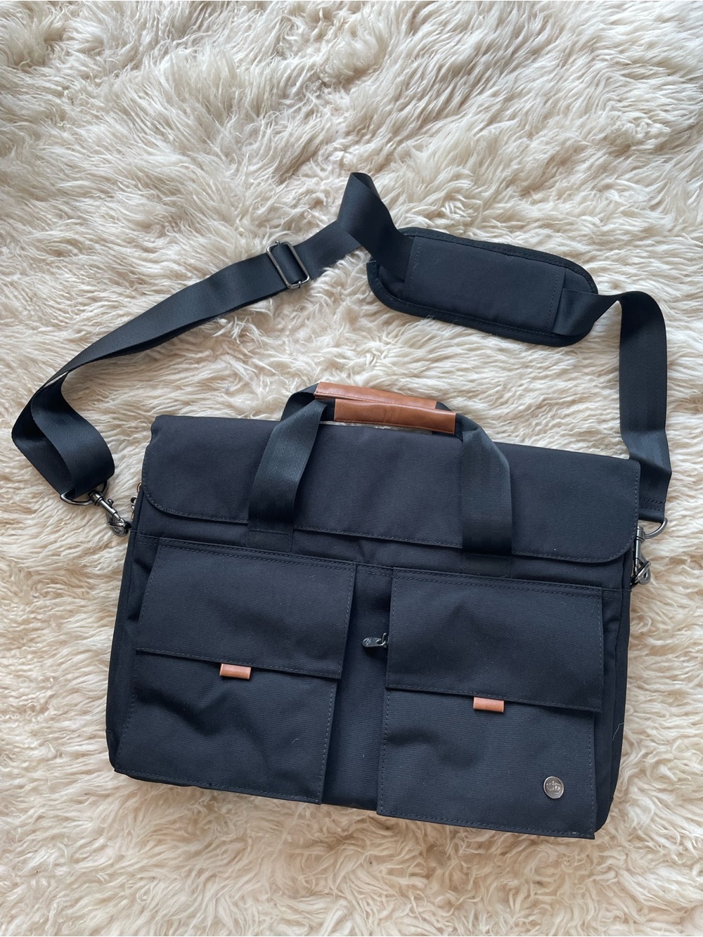 PKG Richmond Black Messenger Bag with Brown Faux Leather Accent